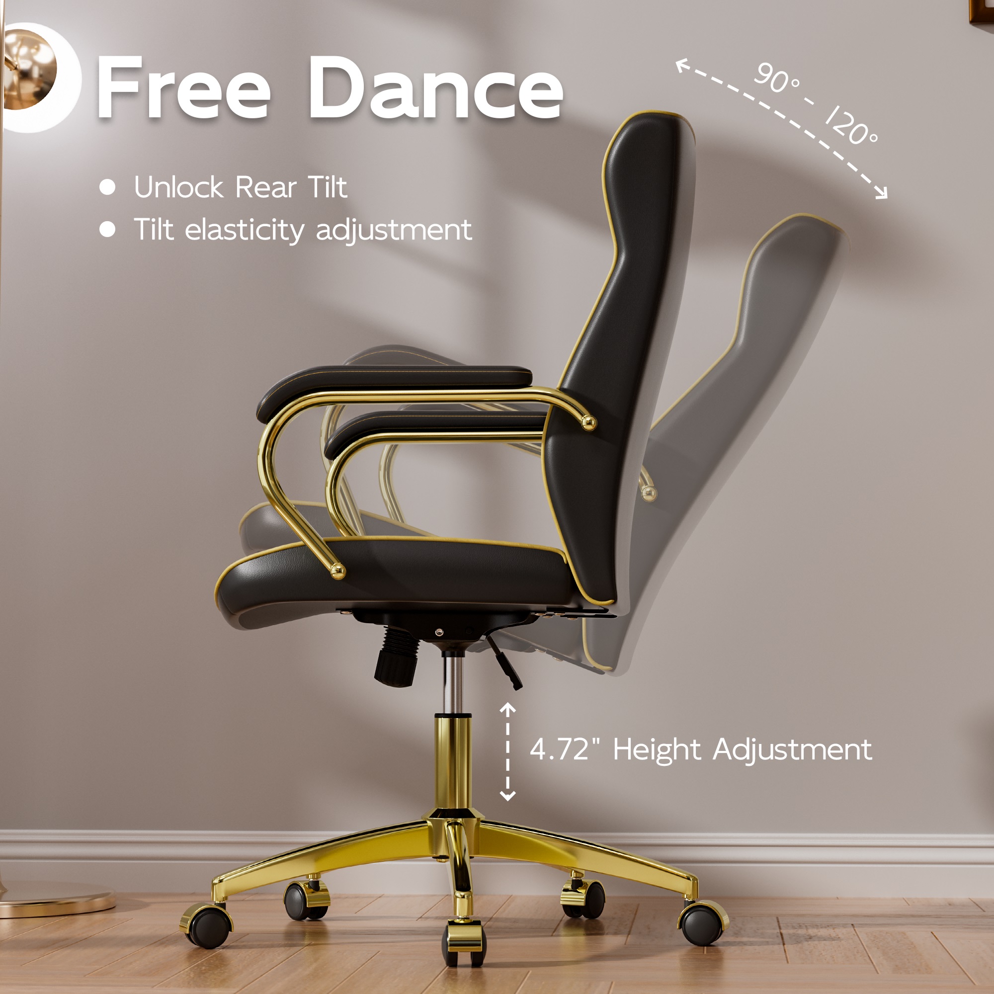 Ninecer Black and Gold Office Chair with Soft Leather Embroidery, Mid Back Vintage Swivel Executive Desk Chair with Wheels and Padded Arms, Adjustable Height