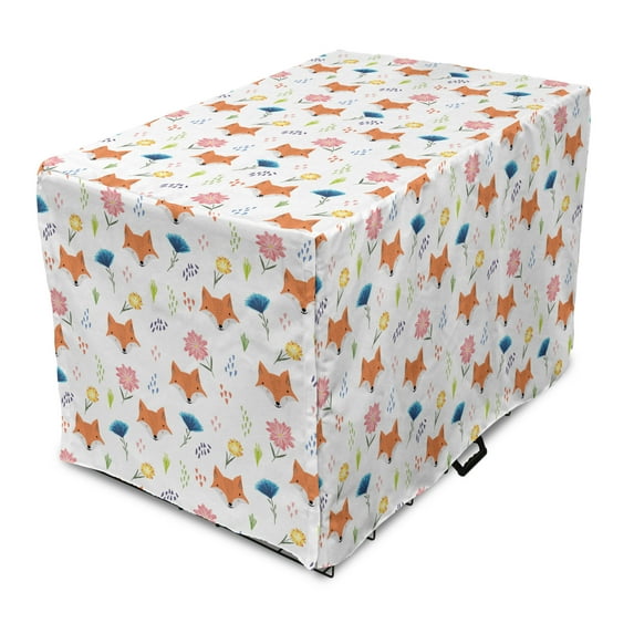 Fox Dog Crate Cover, Repetitive Pattern with Animal Head Hearts and Colorful Flowers Nature Themed, Easy to Use Pet Kennel Cover Small Dogs Puppies Kittens, 7 Sizes, Multicolor, by Ambesonne