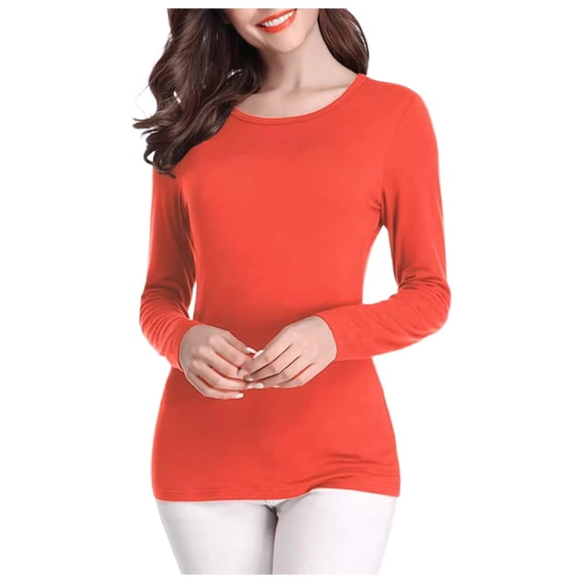 WEAIXIMIUNG T-Shirts pour Femmes Grande Taille Col en V Ajusté Col Rond Manches Longues Haut Couleur Unie Mode Automne Basique