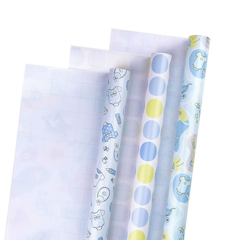LeZakaa Baby Shower Wrapping Paper - Mini Roll - Bear/Balloon, Baby/Polak  Dot Print in Blue for Baby Boy - 17 x 120 inches - 3 Rolls