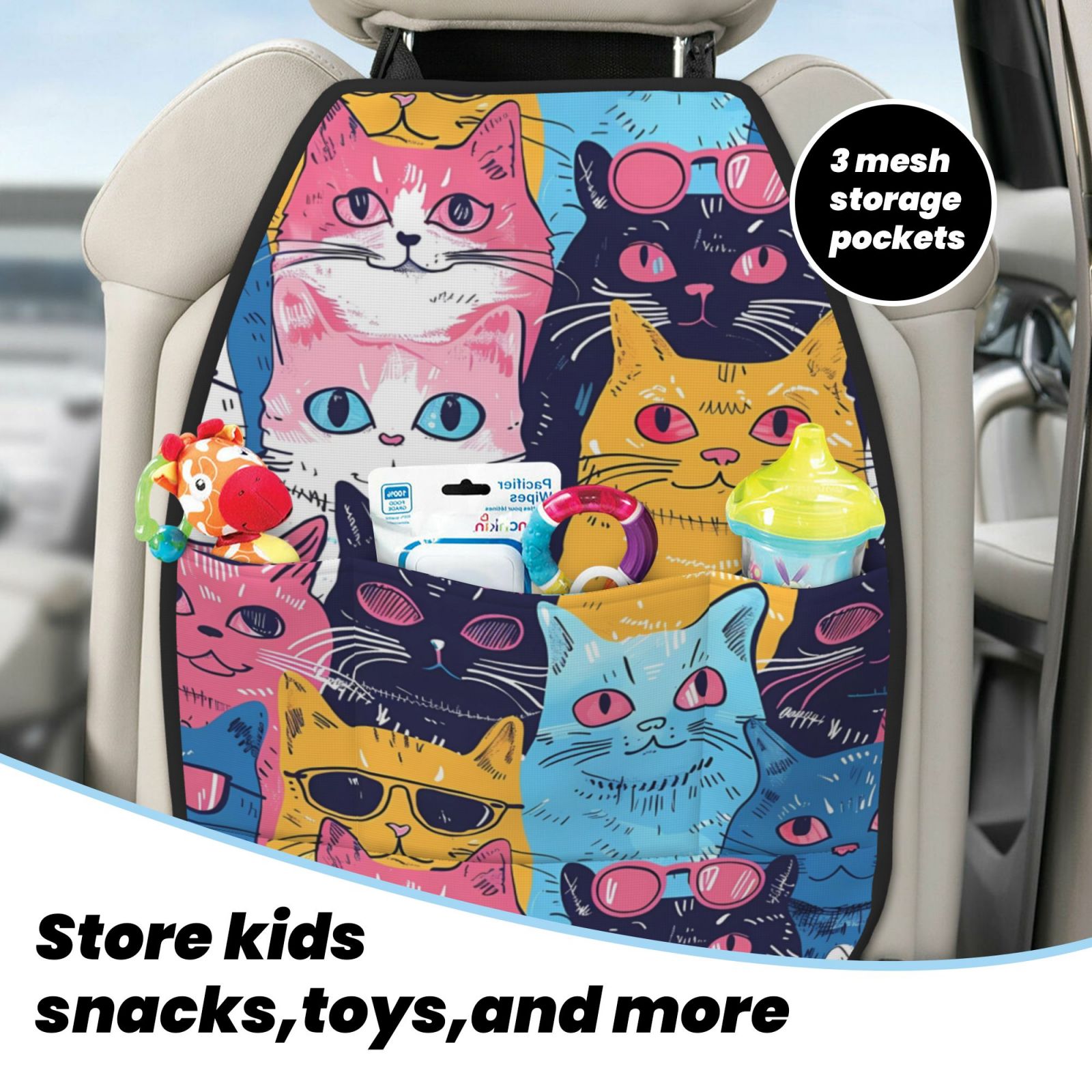 Kdxio Colorful Cats Pattern Art Print 2 Pack Car Kick Mat Seat Cover Back Protector Mat with Pockets for Organizer Backseat Protector and Storage Anti Kick Pad for Vehicles