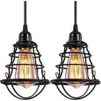 Industrial Pendant Light Adjustable Flush Mount Ceiling Lighting for Kitchen Island Living Room Bedroom Hallway Vintage Hanging Pendant Lights Fixture with Metal Cage Shade, Black