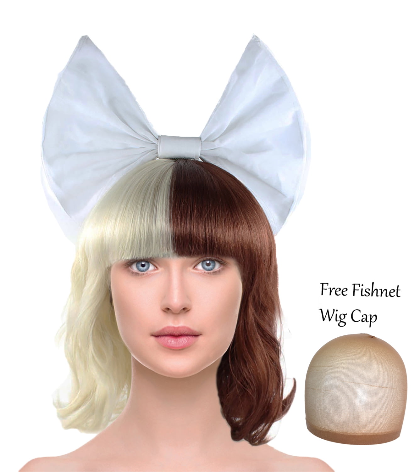 Women’s Half & Half Black Blonde Wig Wavy Curl Halloween Costume Cosplay Hair 