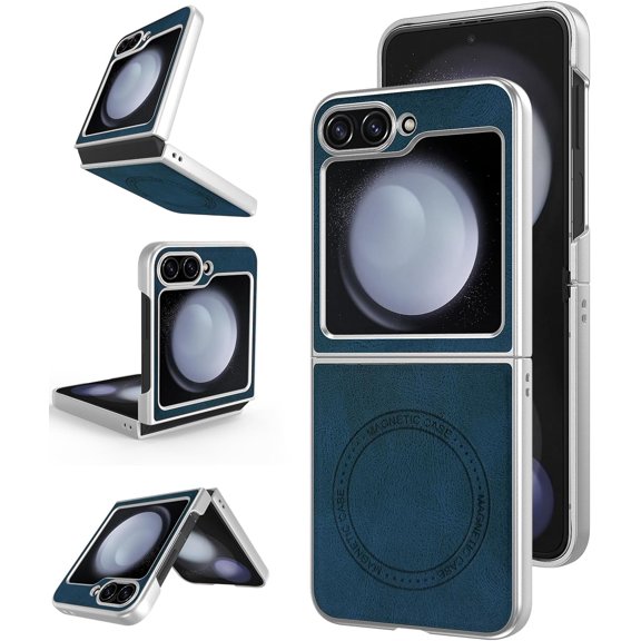 for Samsung Galaxy Z Flip 6 5G Leather Case, [Compatible with MagSafe] PU Leather   Hard PC Shell Slim Durable Protective Phone Case Cover for Samsung Galaxy Z Flip6 5G 2024 (Blue)