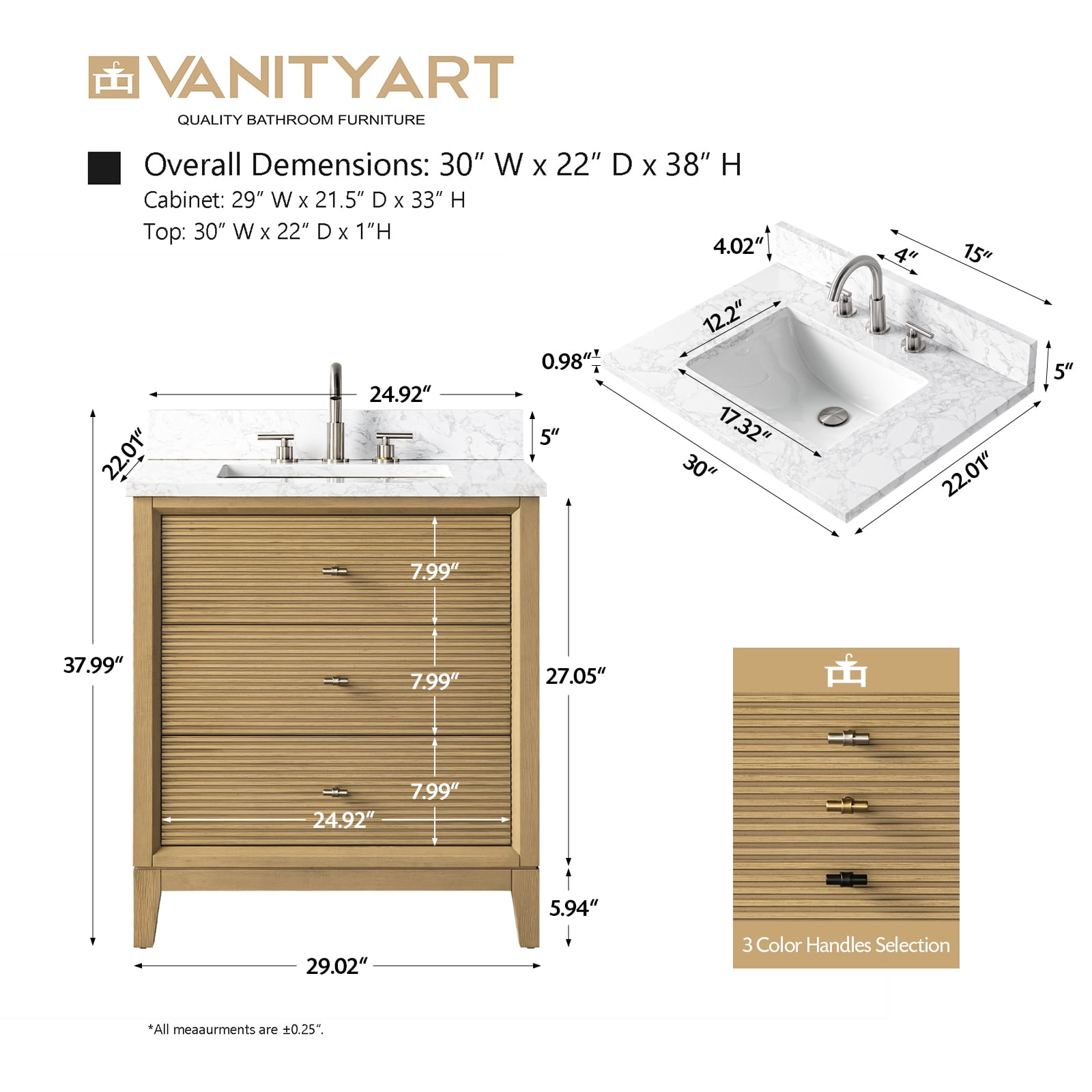 Vanity Art 30" Bathroom Vanity with Sink and Engineered Marble Top, Freestanding Storage Cabinet with 2 Drawers and 1 Flip Down Tray