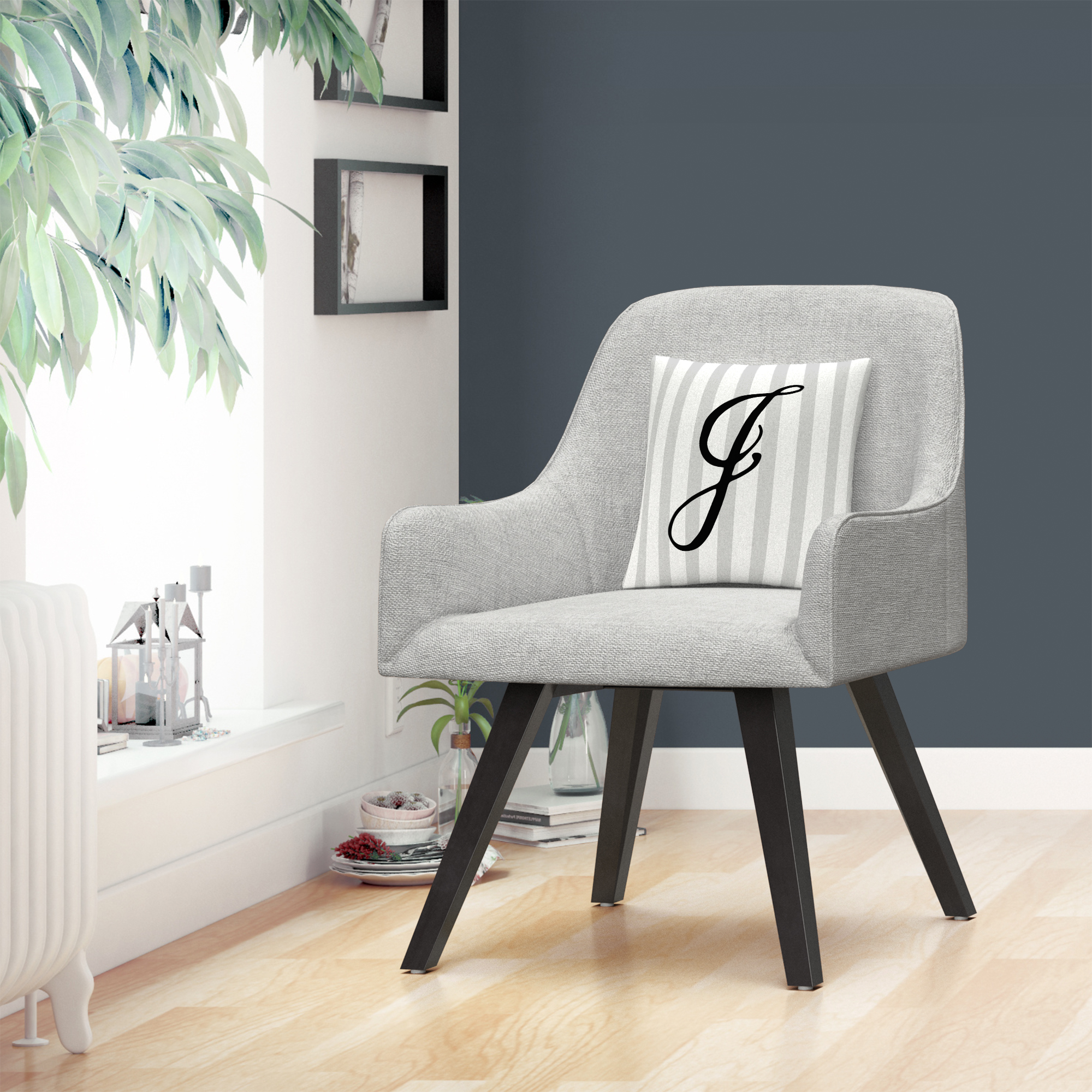 Gray Striped Ornate Letter Script J By Abc 16 X 16 Decorative Throw Pillow