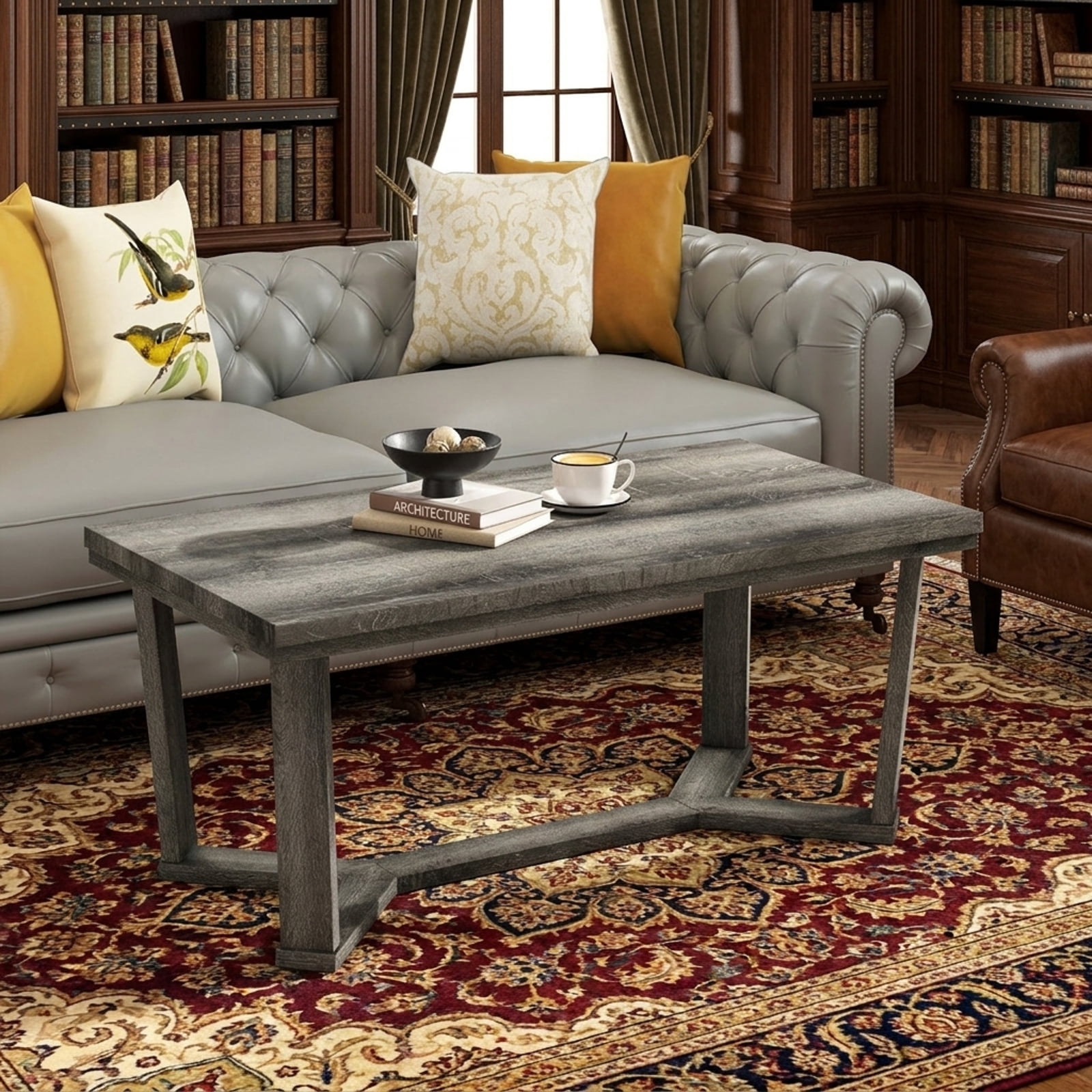 Furnibear Rectangle Coffee Table Rubber Wood Base with Cross-Shaped Base - Gray - Living Room Cocktail Center Table