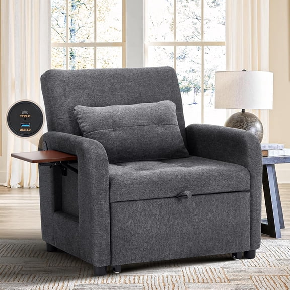 Convertible Sleeper Chair-Fabric Futon Sofa Bed Single Sleeper Sofa Small Couch Bed with Port Foldable Table Pillow Adjustable Backrest for Dorm/Bedroom/College Darkgrey