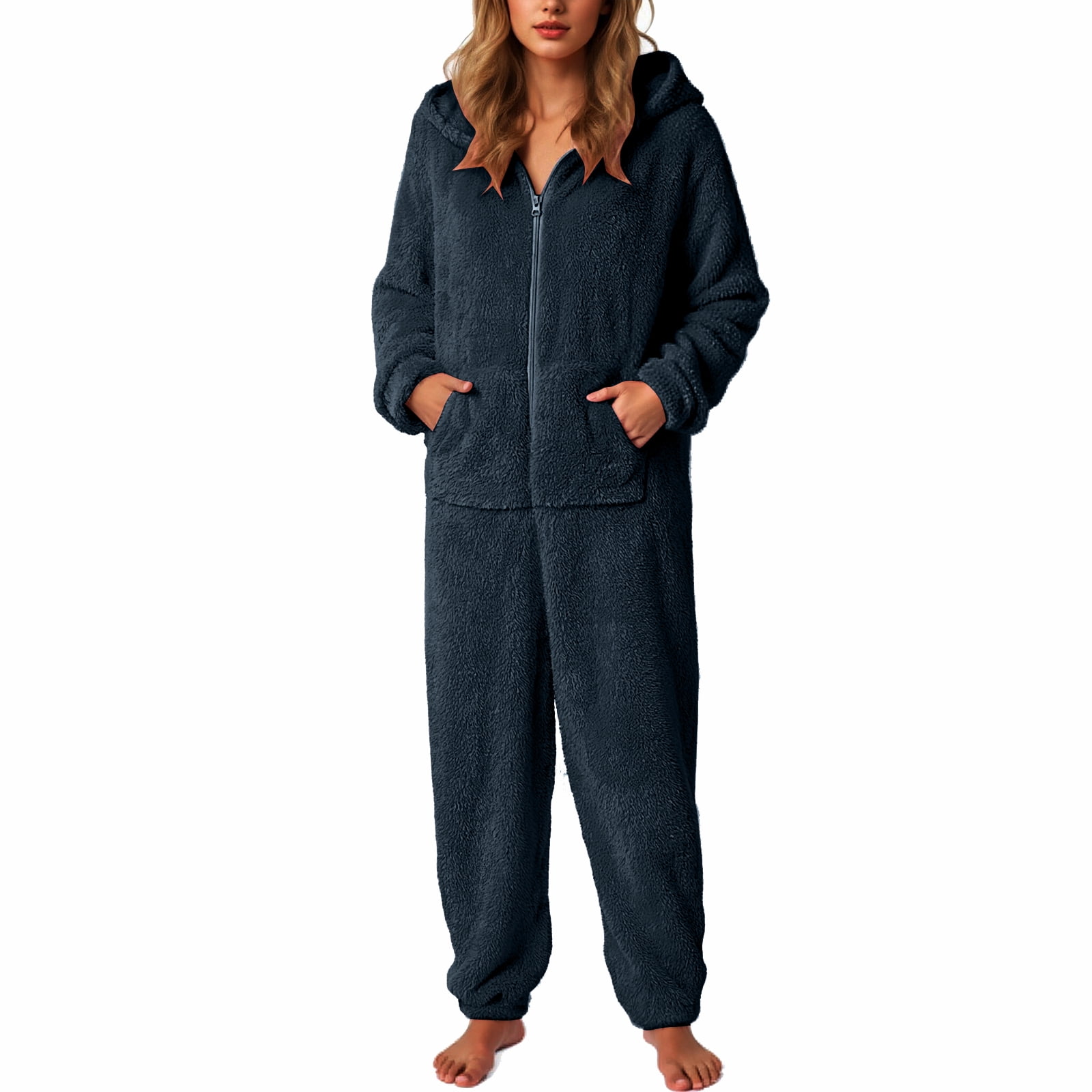 Rotm Onesie Pjs for Women Womens Plus Size Onesies Pajamas Winter Fuzzy Sherpa Adult Hooded One Piece Jumpsuit Cute Zipper Fleece Romper Sleepwear Navy,2XL