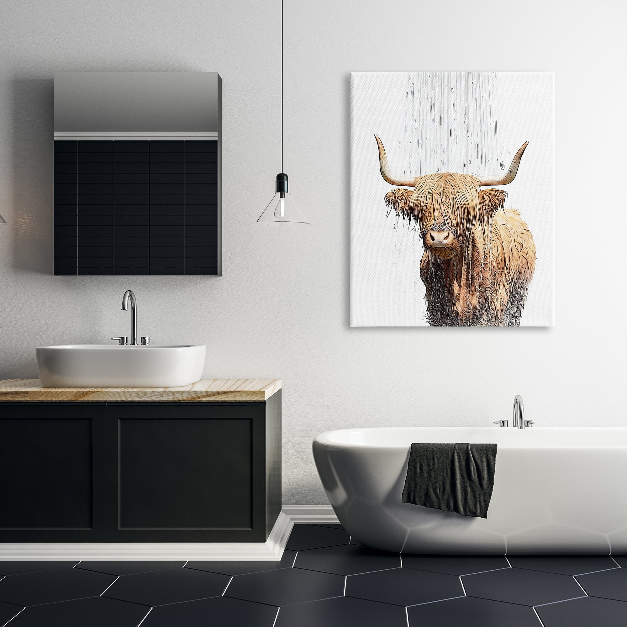 Stupell Industries Highland Cow Bathroom Splash Animals & Insects Painting Gallery Wrapped Canvas Art Print Wall Art, 36 x 48