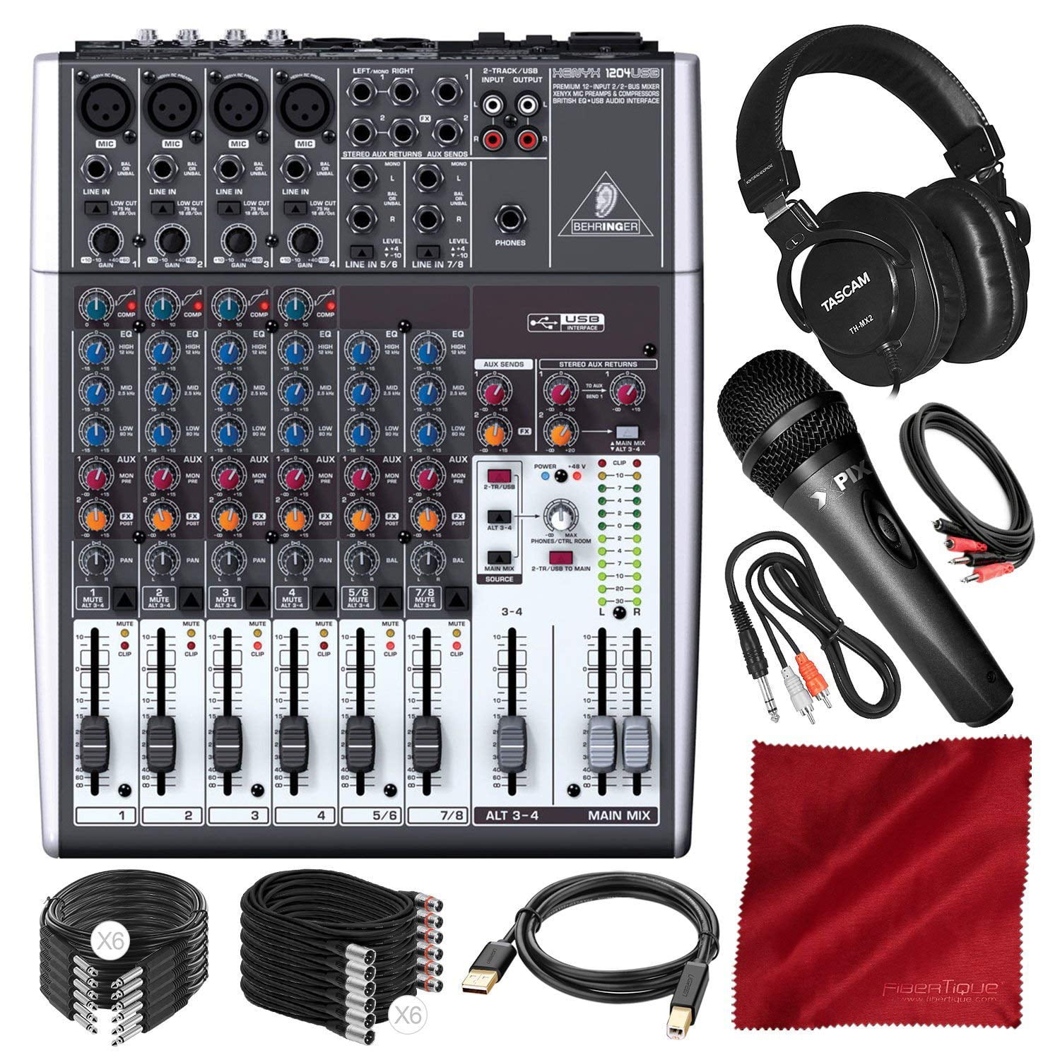 Professional Mixing Headphones & Assorted Cables Platinum Bundle Behringer XENYX 1204USB 12-Input USB Audio Mixer with Xpix Studio Microphone 