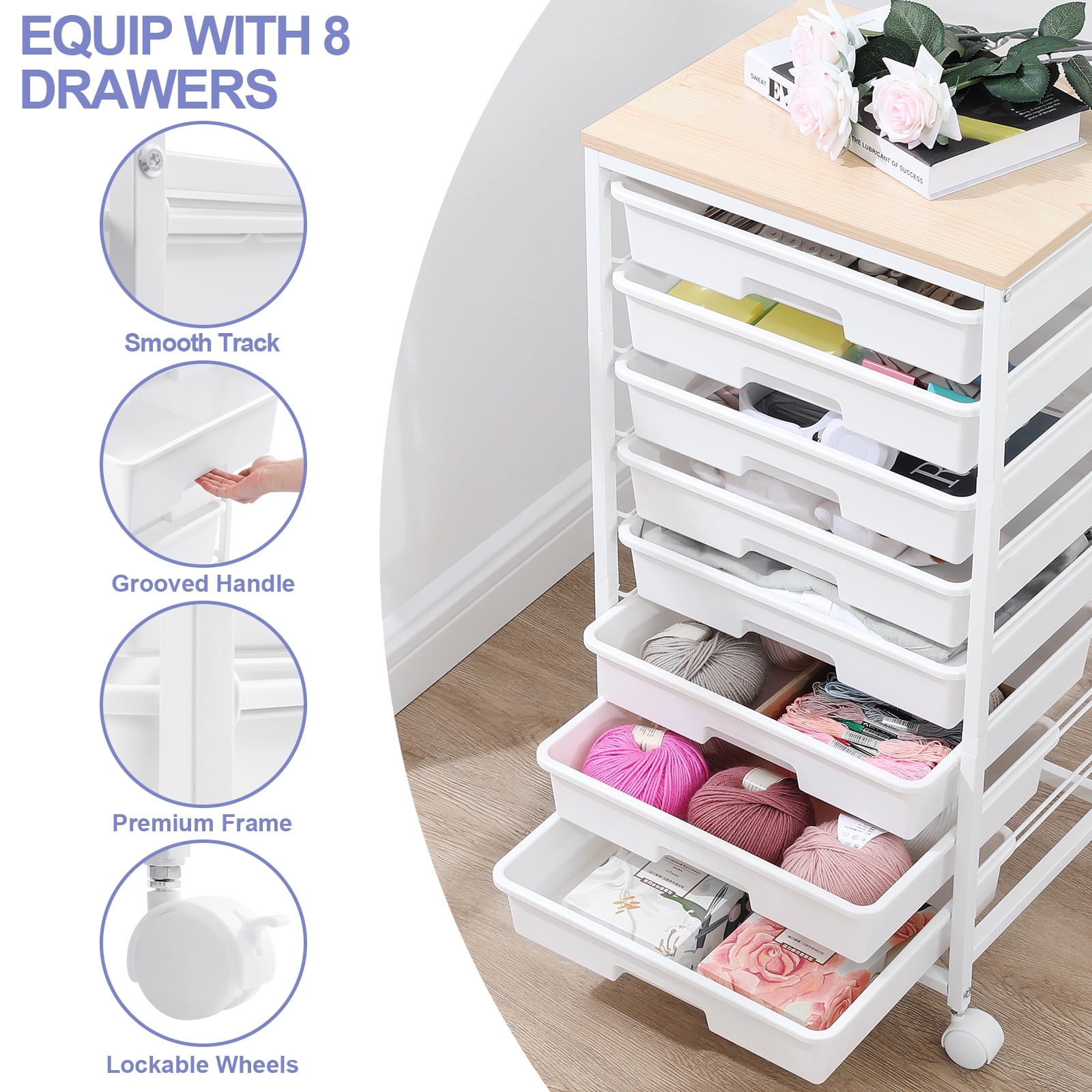 KK KINGRACK Storage Rolling Drawer Cart, Drawer Organizer with 8 Drawers and Wooden Tabletop, Metal & Plastic, White