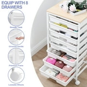 KK KINGRACK Storage Rolling Drawer Cart, Drawer Organizer with 8 Drawers and Wooden Tabletop, Metal & Plastic, White