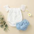 thumbnail image 2 of Odeerbi Toddler Romper Baby Boys Girls Clothes Newborn Infant Off Shoulder Lace Romper Solid Top Bow Shorts Set White, 2 of 9