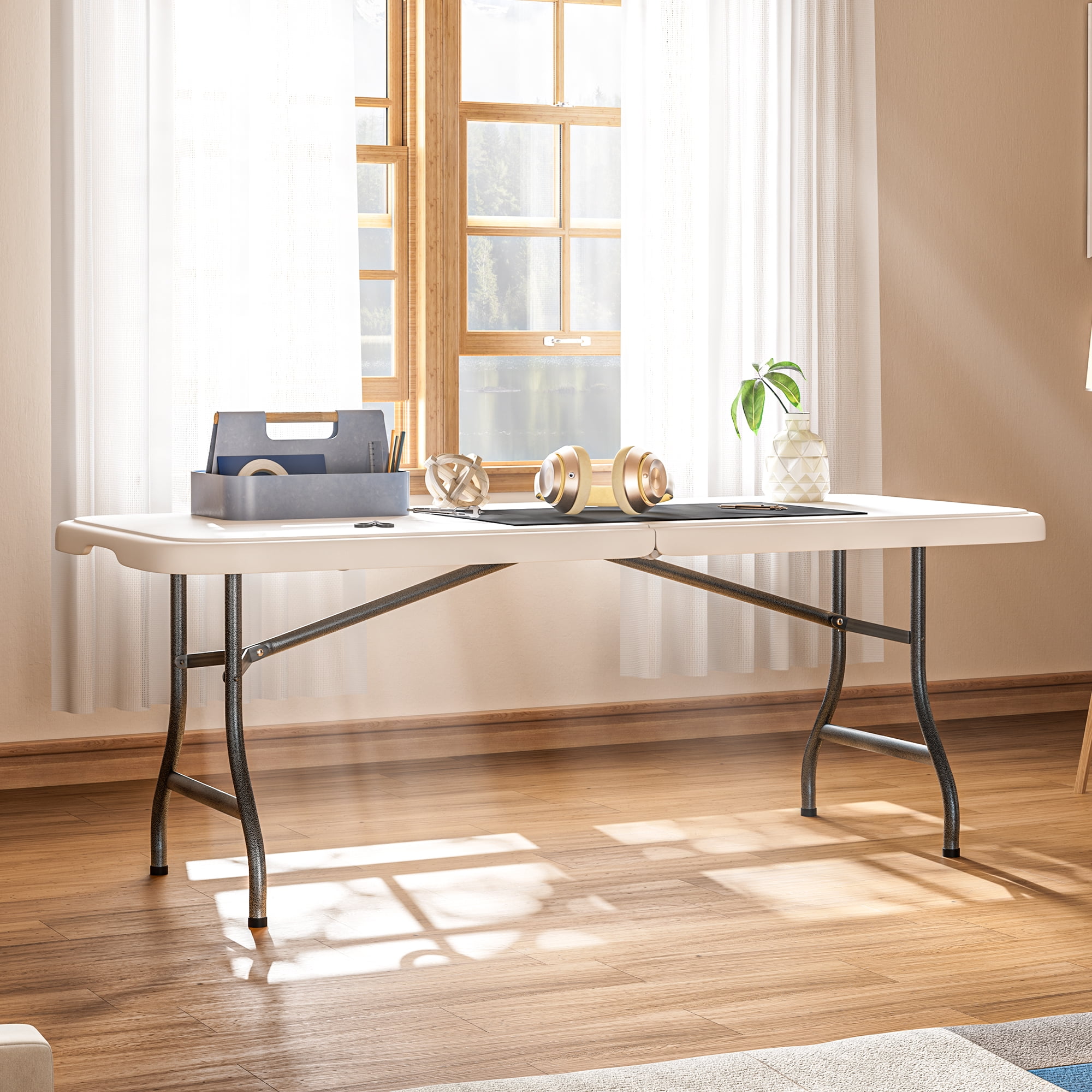 MAYEERTY 6'Heavy Duty Bi-Folded Outdoor Picnic Table, HDPE Top, Foldable & No Assembly Required, for BBQ