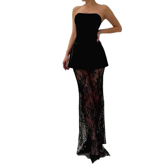 Strapless Peplum Crop Top with Sheer Lace Maxi Skirt for Cocktail Parties Black S