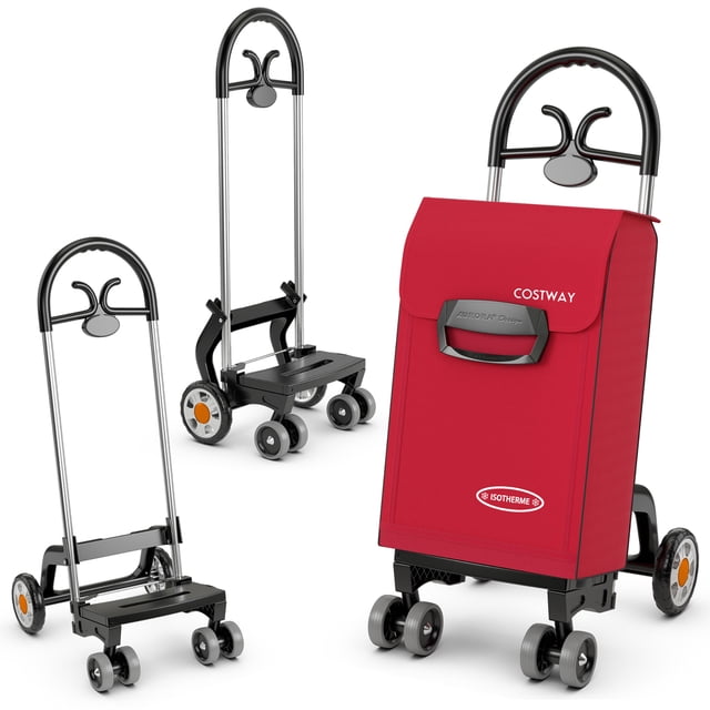 Costway Chariot Utilitaire Pliant avec Roues Pivotantes à Roulettes, Doté d'Un Cadre en Aluminium Robuste, d'Un Sac Amovible Rouge Imperméable et d'Une Poignée Ergonomique en PP. Comprend des Roues avant Pivotantes à 360° pour une Mobilité Fluide et une base Antidérapante pour la Stabilité. design Compact Adapté au Rangement portable, à la Lessive, à l'Usage au Bureau et aux Voyages.