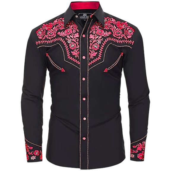 Mens Polo Shirts Western Cowboy Long Sleeve Embroidered Slim Fit Button Down Pockets Mens Knit Polo,Red,3XL