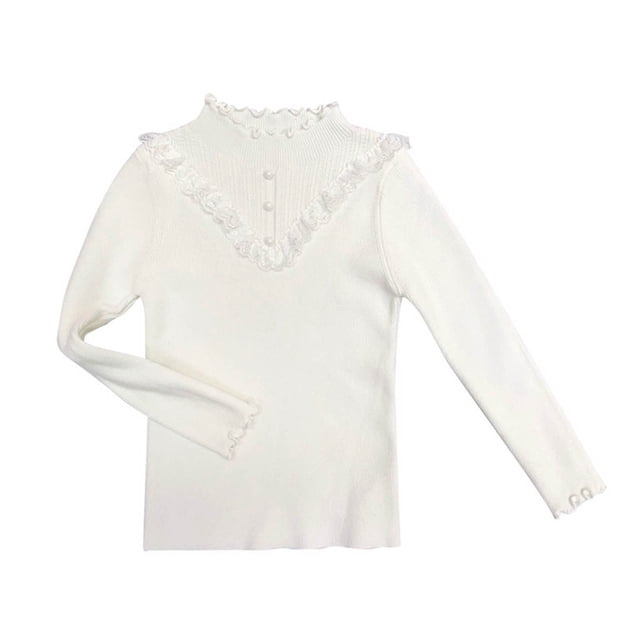 Aocisk Tricot Chaud pour Filles Manches Longues Col Rond Haut Doux Extensible Fil Pur Confortable Décontracté Hiver pour Tout-Petits Enfants Blanc 4-5 Ans