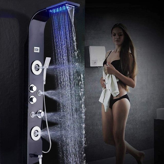 Panel de ducha LED Torre Lluvia y cascada Masaje Sistema corporal Jets Faucet negro Rozin 99D-HLT8006
