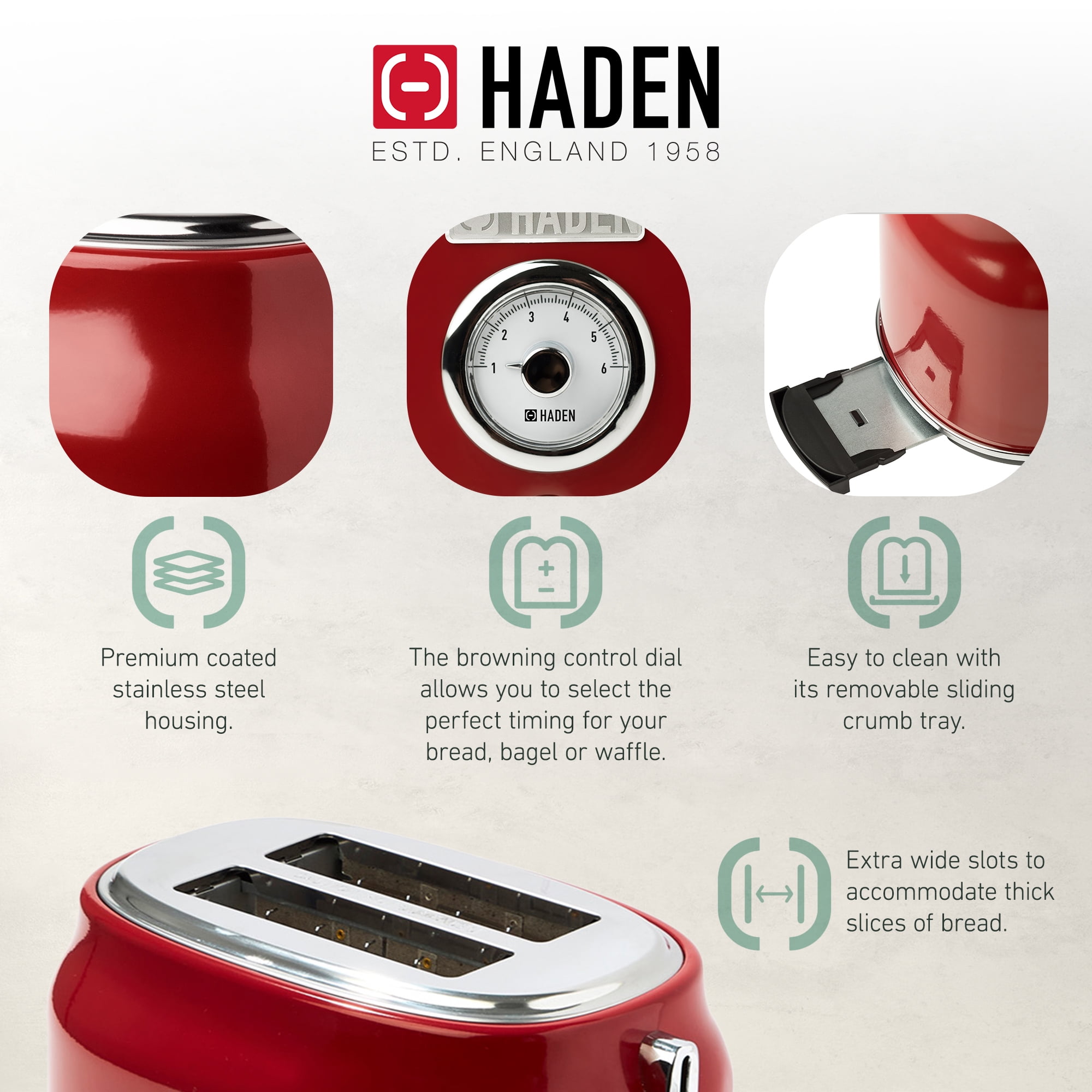 HADEN Dorset Retro 2-Slice Wide Slot Stainless Steel Toaster