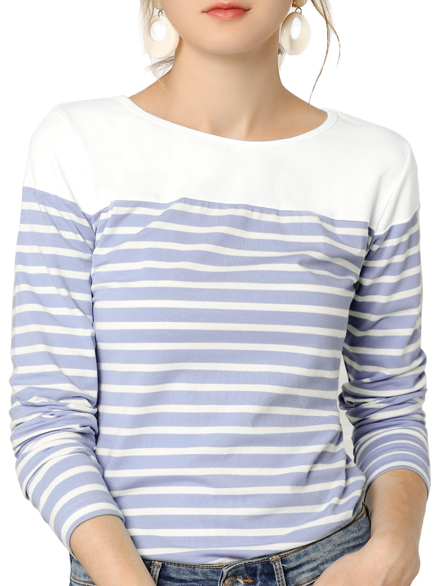 DARING DIVA Women's Color Block Striped Knit Top Long Sleeves T-Shirt M Light Blue