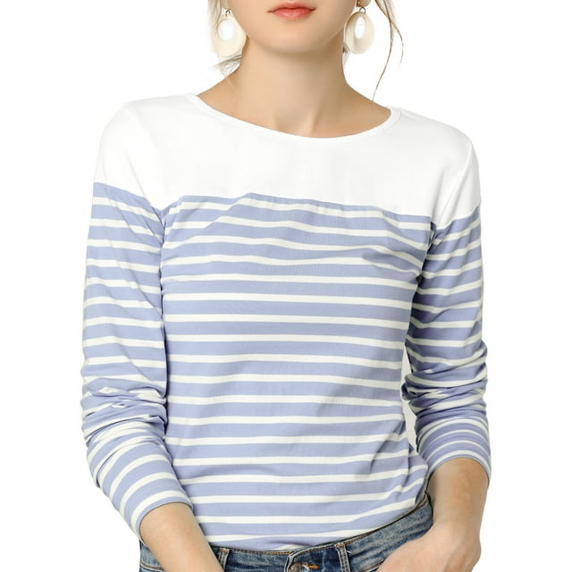 INSPIRE CHIC Women's Blouse Striped Color Block Long Sleeve Causal T-Shirt S Light Blue