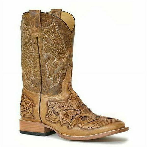Men's Stetson Handtooled Wicks Leather Boots Handcrafted Brown