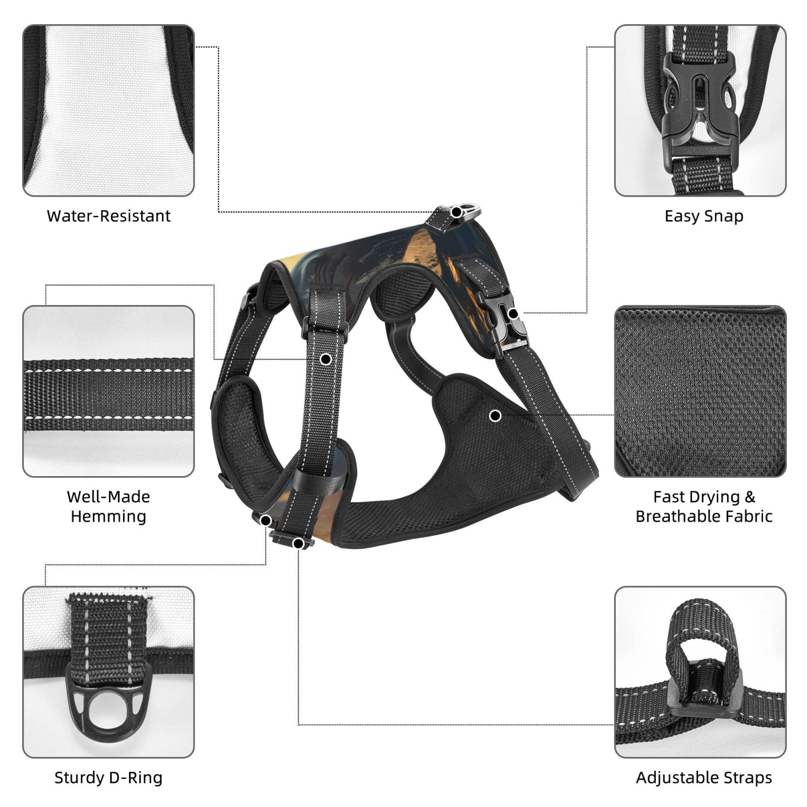 Vsdgher Sunset Ocean Whale Pattern Dog Harness,No Pull Pet Harness with Soft Padded Handle,Adjustable Reflective Vest with 2 Buckles,4 Slide Buckles,S-XL Large