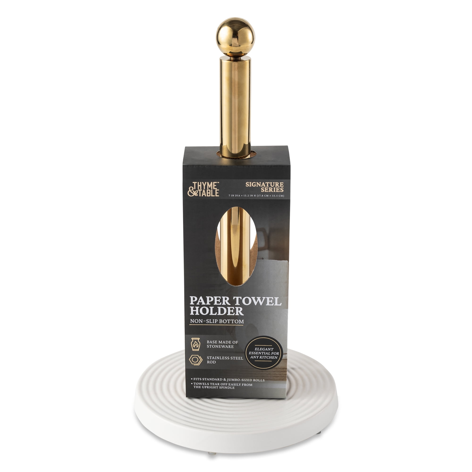 Thyme & Table Paper Towel Holder with Ribbed Ceramic Base, White and Gold