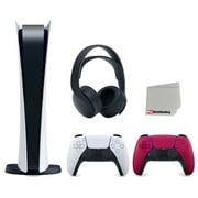 Sony Playstation 5 Digital Edition Console (Japan Import) with Extra Red Controller and Black PULSE 3D Headset Bundle with Cleaning Cloth