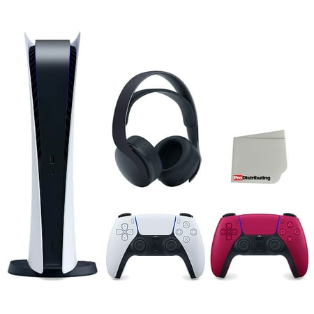 Sony Playstation 5 Digital Edition Console (Japan Import) with Extra Red Controller and Black PULSE 3D Headset Bundle with Cleaning Cloth