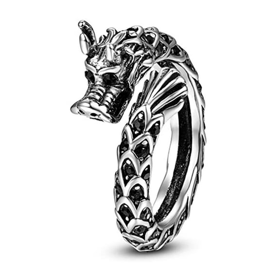 Men's Vintage Dragon Ring Silver Stainless Steel Punk Style Streetwear Biker Band Opening Adjustable Size 7-11