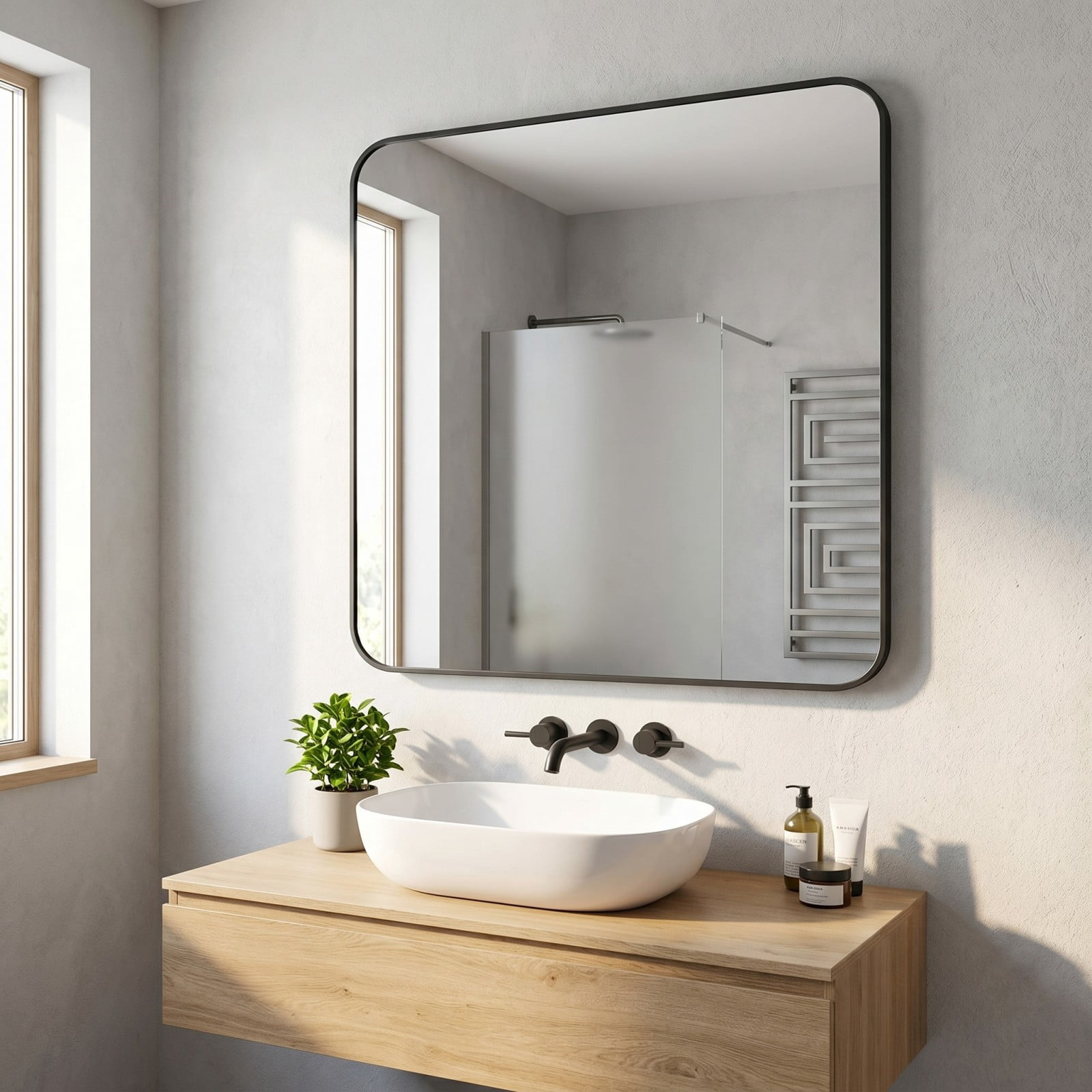 Easy4Home 39"x39" Large Rectangular Bathroom Mirror Hanging Rounded Corners Vanity Mirror Wall Mounted, Black