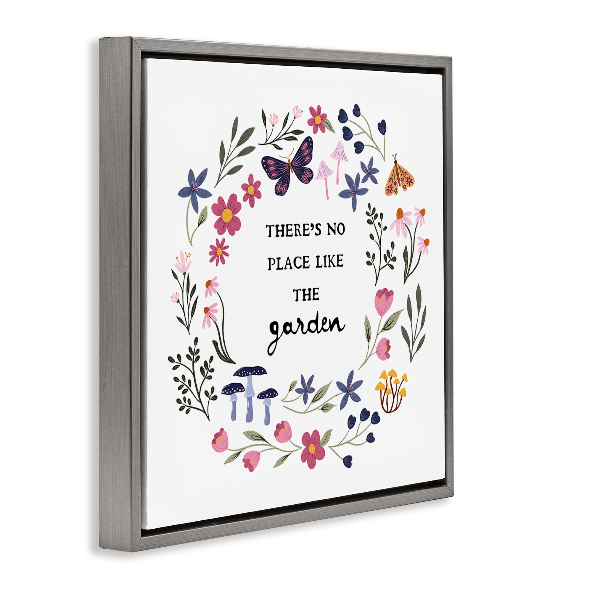 Stupell Industries No Place Like Garden Wreath Plants & Flowers Painting Gray Floater Framed Canvas Art Print Wall Art, 25 x 25