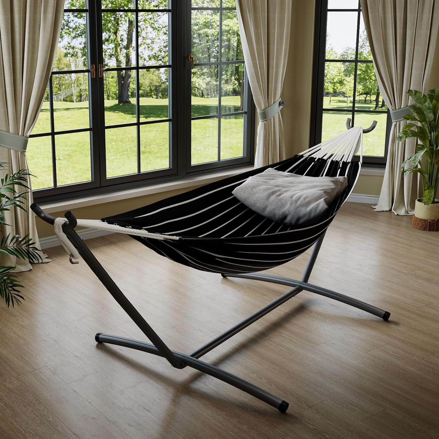 Double Hammock with Foldable Steel Stand and Carrying Bag, Portable Freestanding Hammock for Indoor & Outdoor Use, 450 lbs Capacity, Ideal for Garden, Patio, Camping, Beach, Onyx