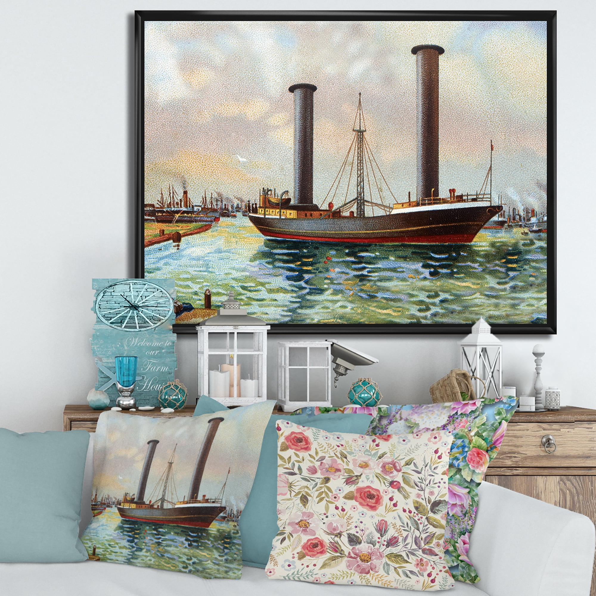 Designart 'The Ancient Boat Leaving The Harbor' Nautical & Coastal Framed Canvas Wall Art Print