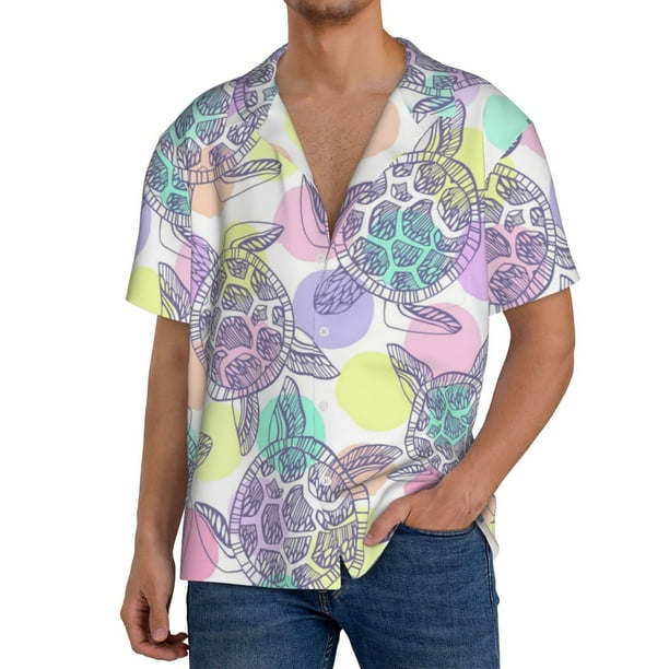 Fotbe Sea Turtles Camisa Estampada de Manga Corta para Hombre, Casual de Verano, Estilo Playero, Sin Arrugas-Small