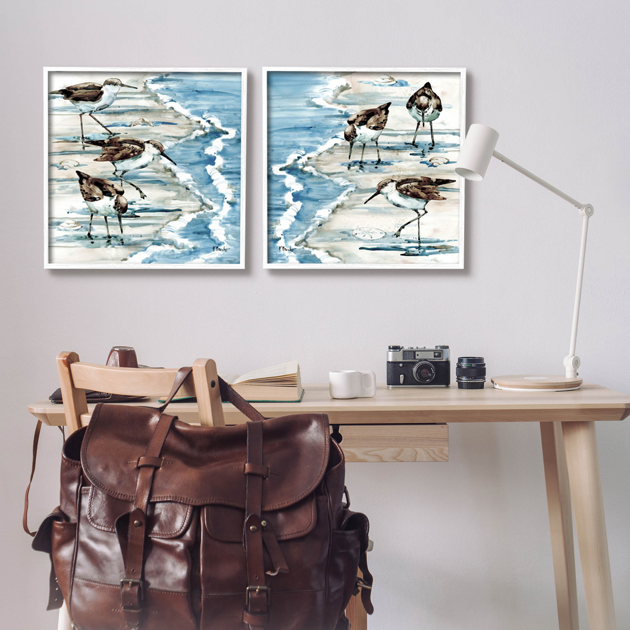 Stupell Industries Sandpipers Grazing Beach Shore Painting White Framed Art Print Wall Art, Set of 2, Design by Paul Brent