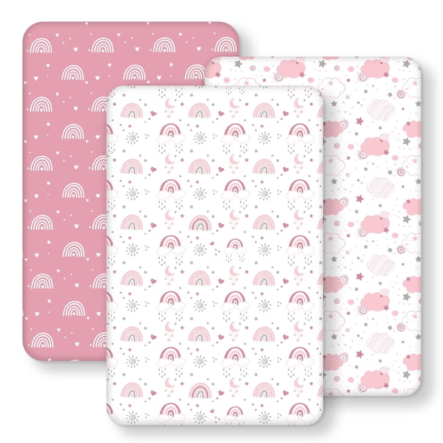 Sábana ajustable FIEMOL 84 x 51 cm rosa con arcoíris de microfibra, 3 unidades