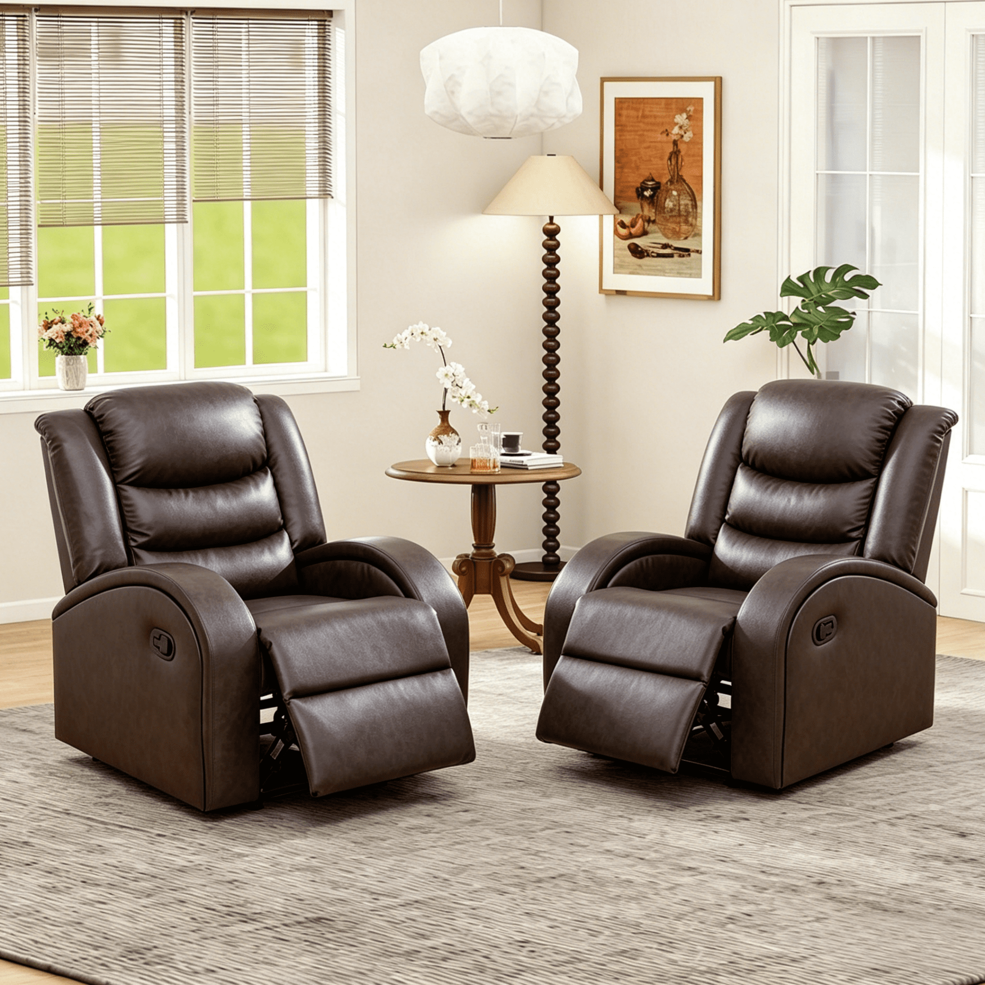 Gewnee PU Manual Recliner Chair Set of 2,Single Sofa Recliners,Adjustable Backrest,Comfort Lazy Chair for Living Room,Bedroom.Brown