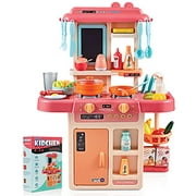 Surefect - Kitchen Play Set with Accessories- Mini Kitchen Set with Realistic Light Sound Steam Simulation- Indoor Games Kitchen Cooking Playset with Water Outlet- Toys for Toddlers Children & Girl