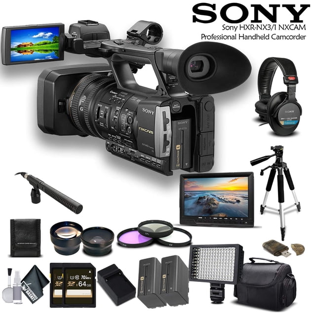 Videocámara profesional Sony HXR-NX3/1 NXCAM (HXR-NX3/1) con 2 tarjetas de -64 GB, 2 baterías adicionales, luz LED, estuche, trípode, micrófono Rode, pantalla externa y auriculares Sony. - Paquete profesional Sony HXR-NX31