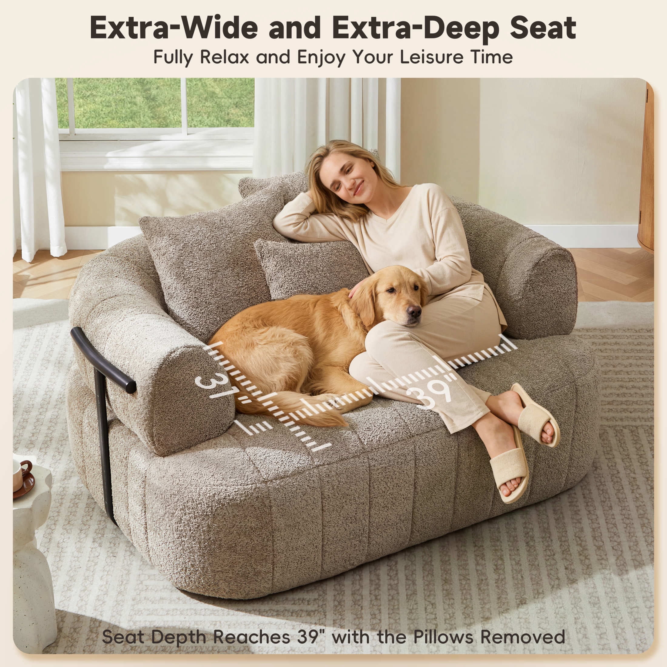 Noble House Quincia 64" Oversized Boneless Chaise Lounge with Boucle Upholstered, Cozy Comfy Cloud Sofa Bed, Khaki