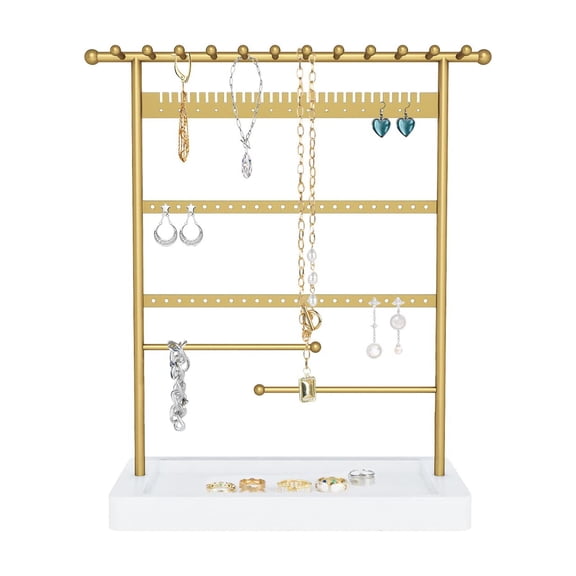 Arikago 6-Tier Jewelry Organizer Necklace Holder Stand, Gold Jewelry Tower Rack with 12 Necklace Hooks, 29 Earring Notches, 59 Stud Holes, 2 Bracelet Rods, 1 Real Wood Tray