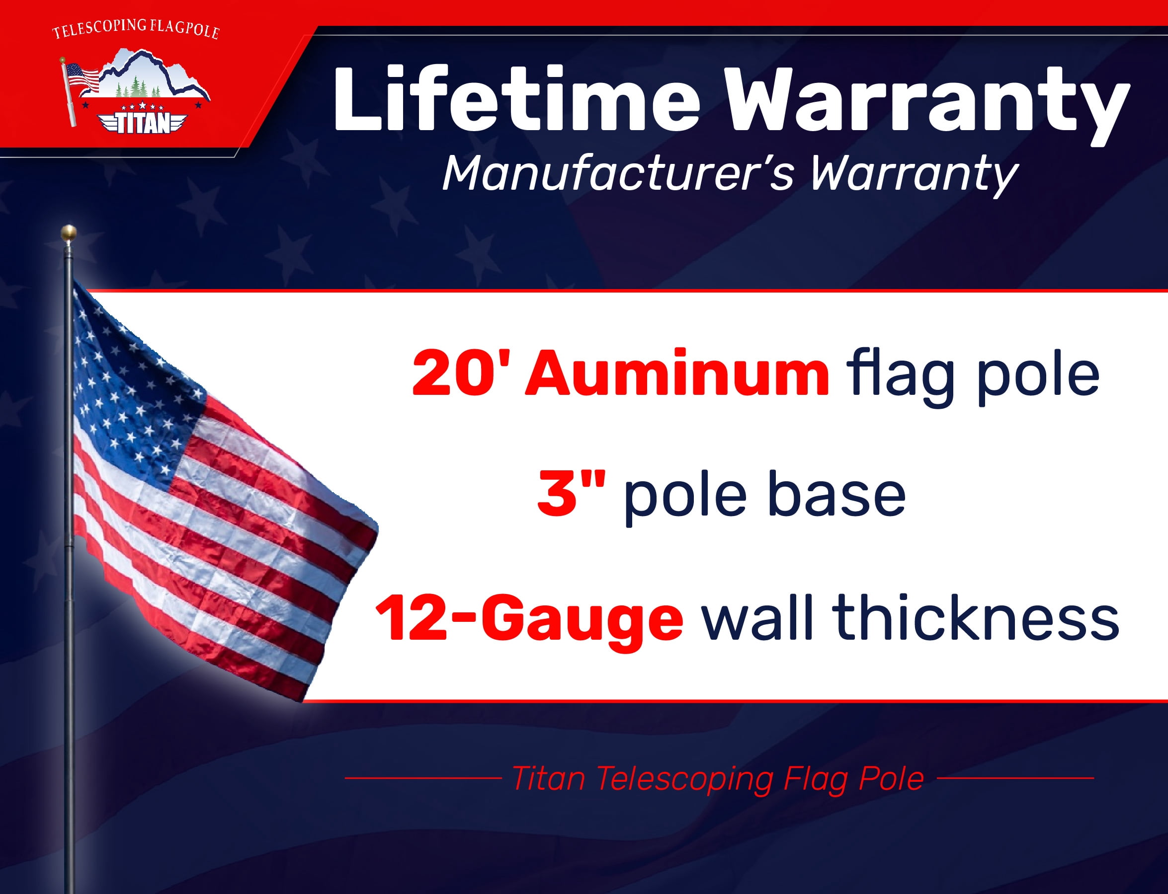 Titan Telescoping Flag Poles, Bronze 20ft- Heavy Duty Aluminum Flag Pole Kit, Kit Includes, Telescoping Flagpole, Hardware to Hang 2 flags, 4 x 6 American Flag, and Installation Instructions