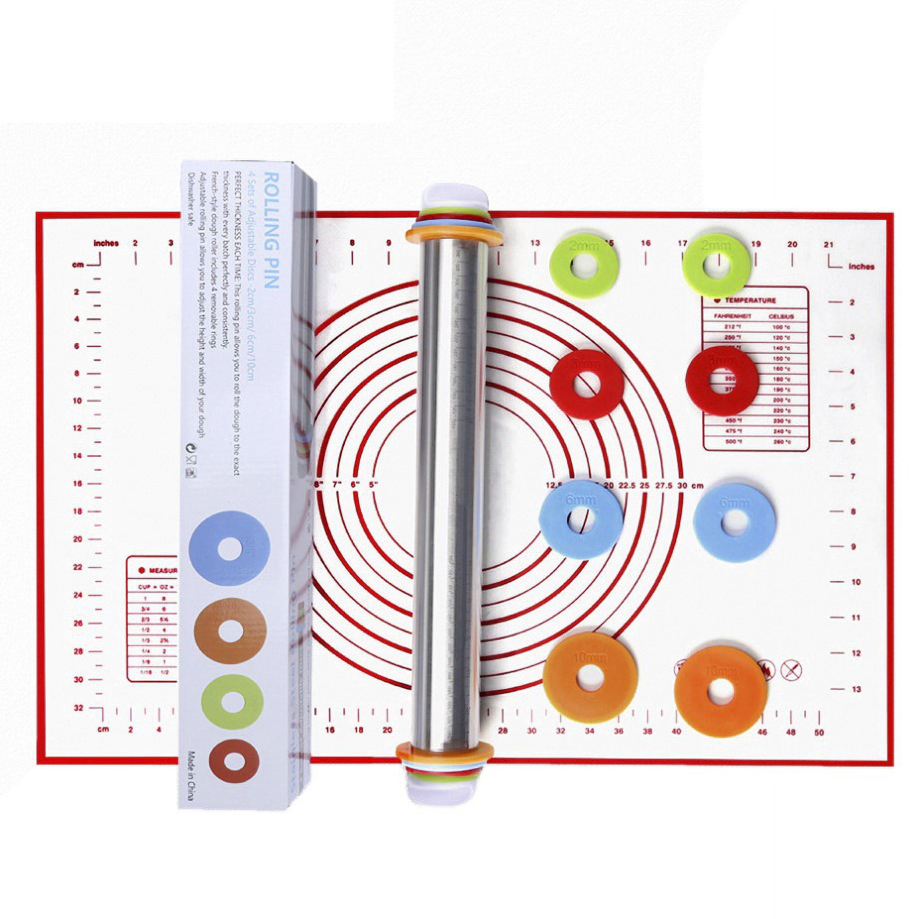17" Stainless Steel Rolling Pin, Non-Stick Roller with Silicone Removable Rings and Baking Mat, Kitchen Bake Tools for Cooking Pizza Pie Cookies Pastries