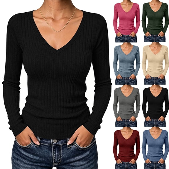 Cekizud Long Sleeve Shirts for Women V Neck Ribbed Knit Slim Fitted Stretchy Tee, S-2XL