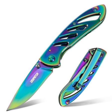 Dispatch 3.82" 8Cr Folding Pocket Knife with Clip for Everyday Carry Plain Edge Blade with Rainbow Titanium Coating Gifts for Men