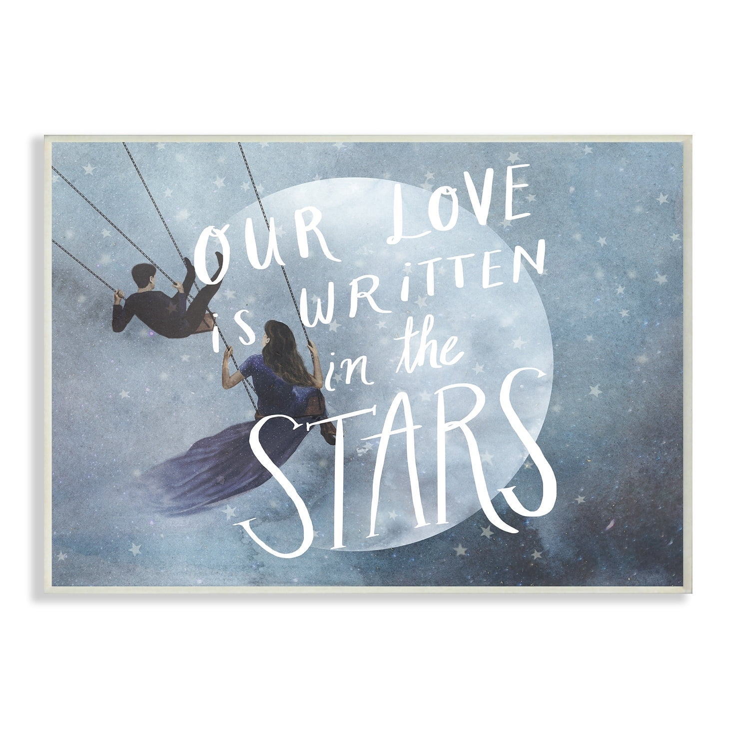 The Stupell Home Decor Collection Blue Watercolor Written In The Stars Swinging Lovers with Full Moon Wall Plaque Art, 10 x 0.5 x 15